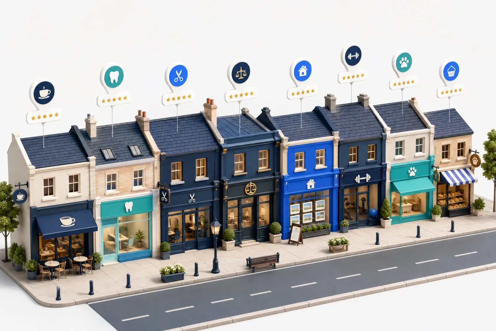 Isometric illustration of a lively street of local businesses with floating map pins and review stars