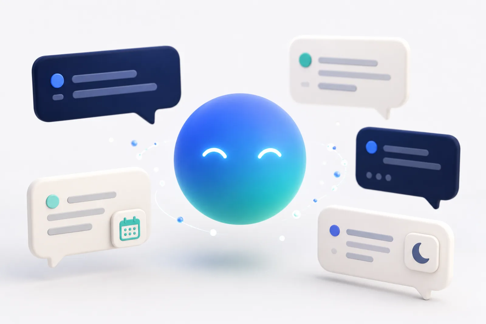 3D illustration of a friendly glowing orb assistant floating between chat bubbles with booking and night icons