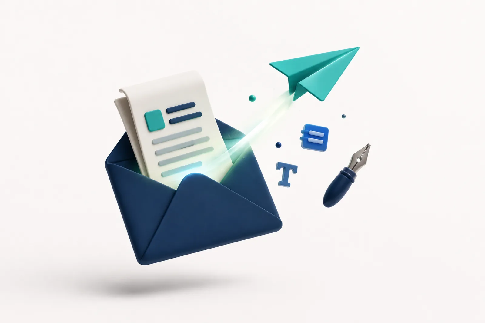 3D illustration of an open envelope releasing a newsletter, paper plane and typographic blocks
