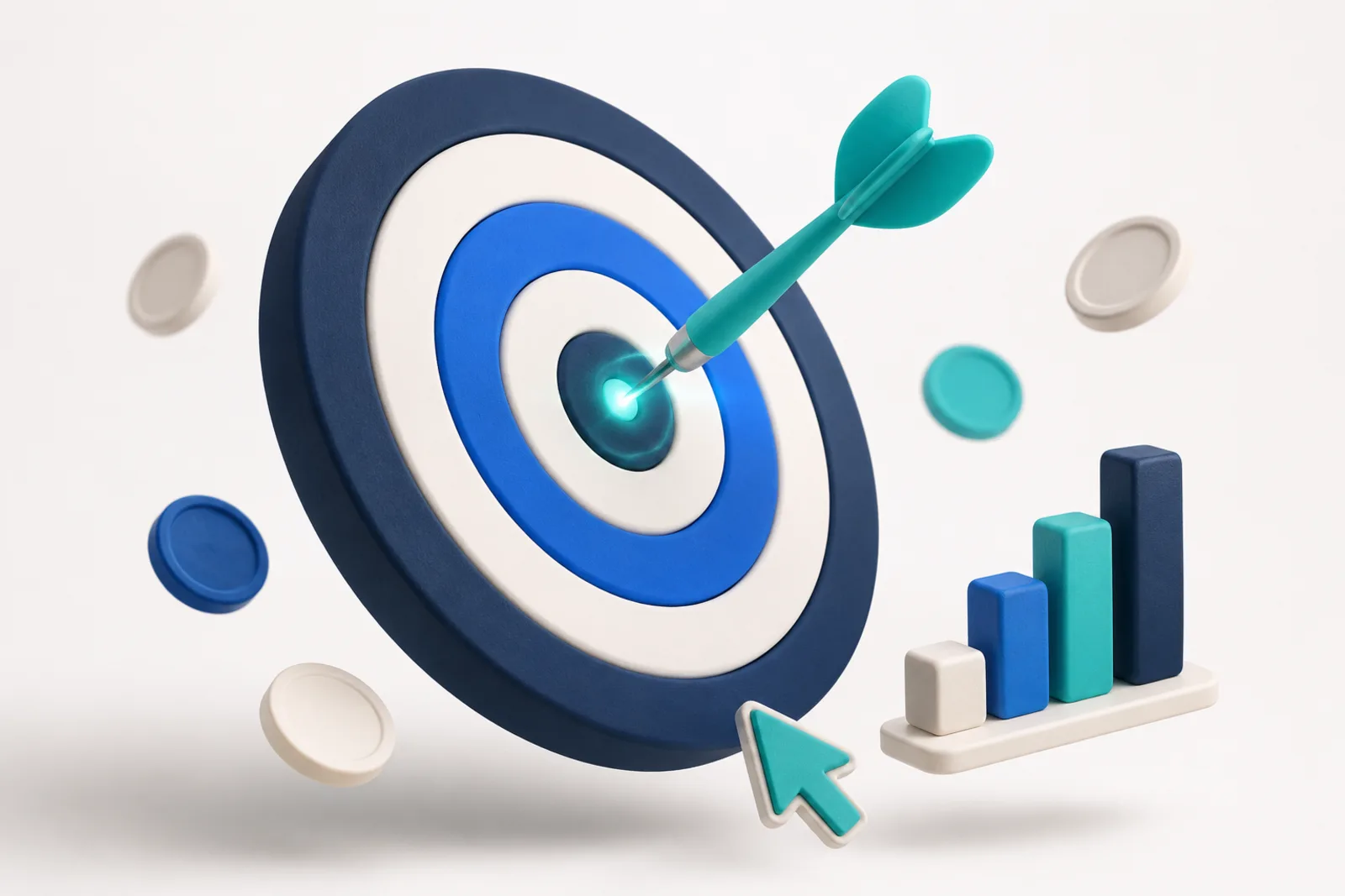 3D illustration of a dart landing in the bullseye of a target with floating coins and a rising chart