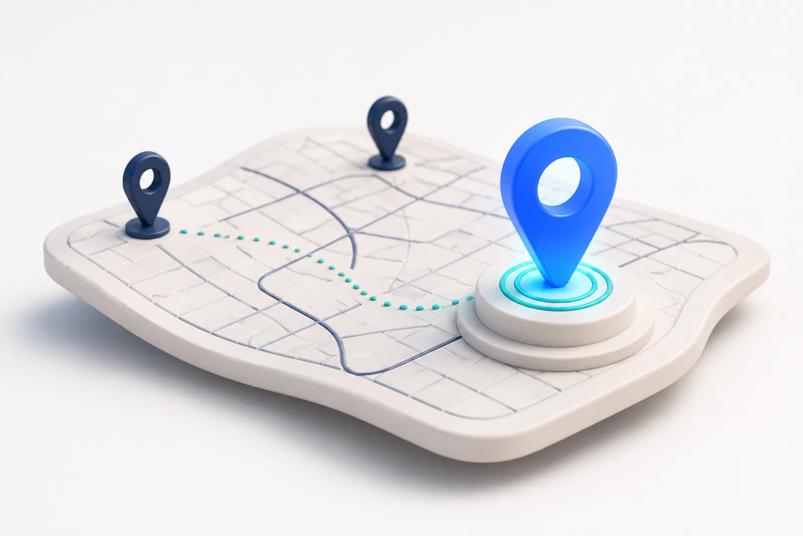 3D illustration of a stylised map with a glowing first-place location pin standing above smaller pins