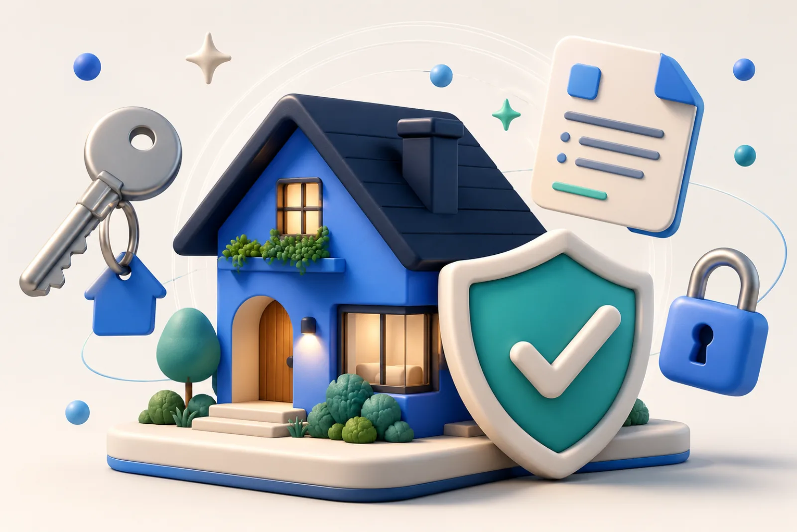 3D illustration of a house and a protective shield resting on a stable platform, with floating key, document and padlock icons representing mortgages and insurance cover
