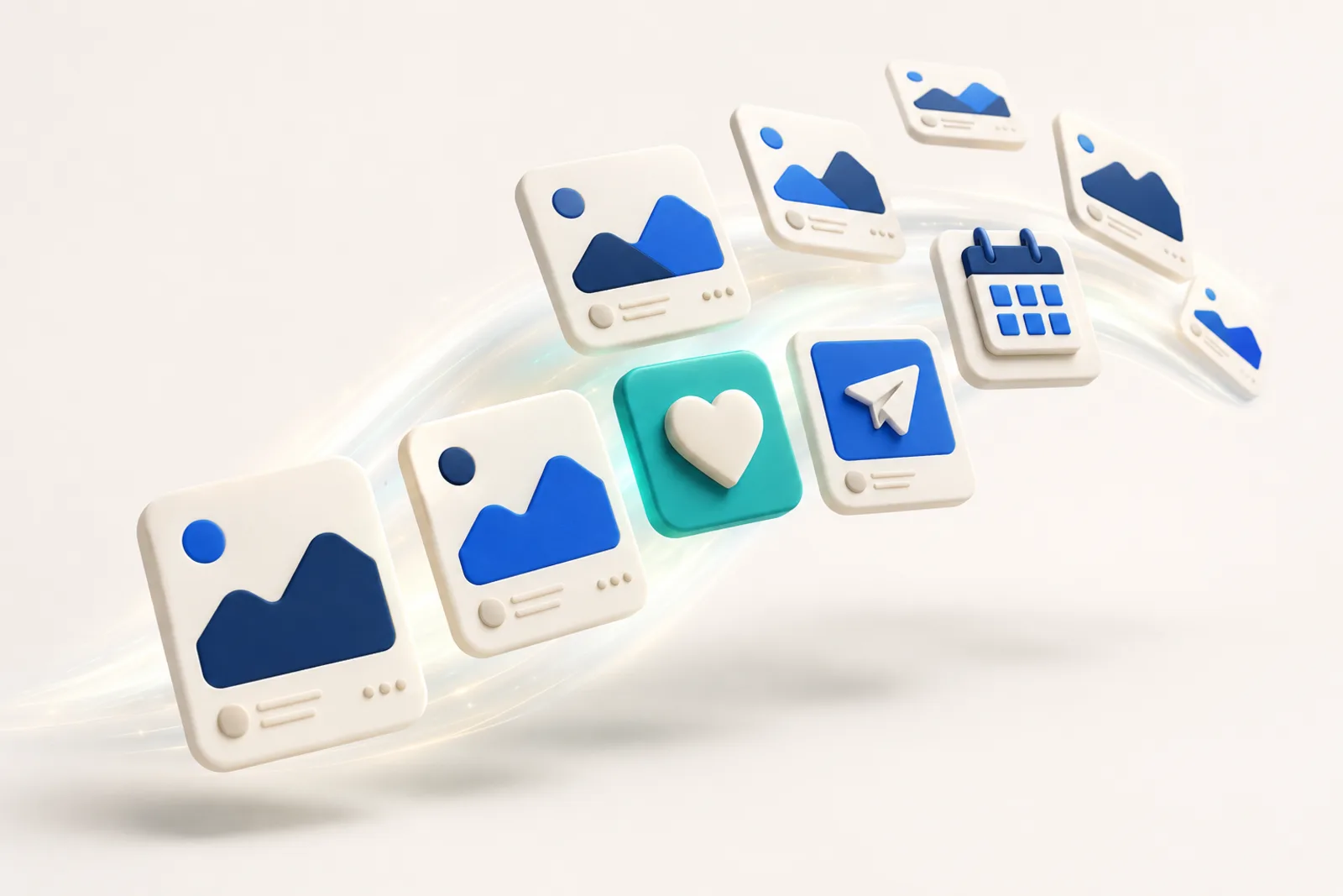 3D illustration of floating social content tiles arcing upward with heart, share and calendar icons